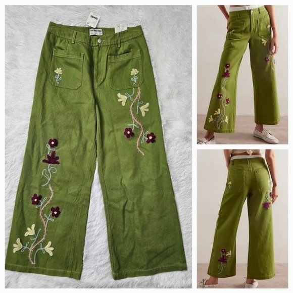 Free People We The Free Winter Bloom Embroidered Wide Leg Jeans Grasshopper 31 - Picture 3 of 9